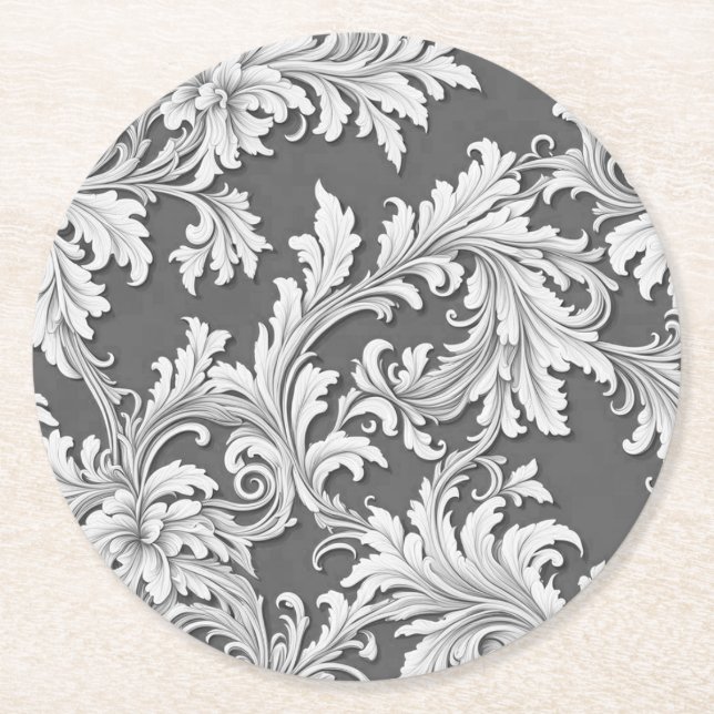 Paper Coaster Damask Design Gray Black & White  (Front)