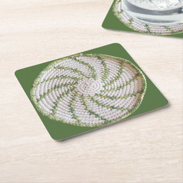 Paper Coaster - Green Spiral Crochet (Angled)