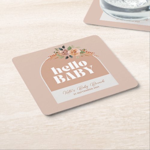 Paper Coaster Hello Baby Boho Modern Baby Shower Square Paper Coaster