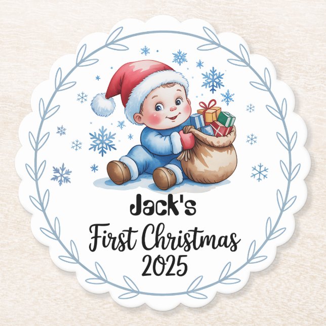 Paper Coaster--Personalized Baby’s First Christmas Paper Coaster (Front)