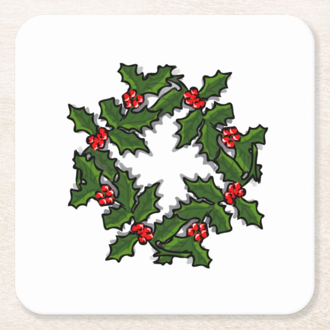 Paper Coaster - Wreath of Holly Leaves and Berries (Front)