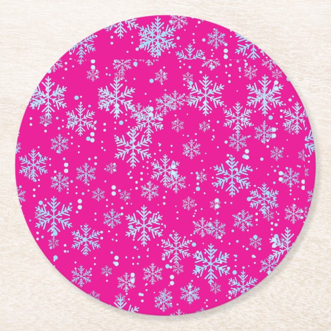 Paper Coasters, Bright Fuchsia Snowflakes Round Paper Coaster (Front)