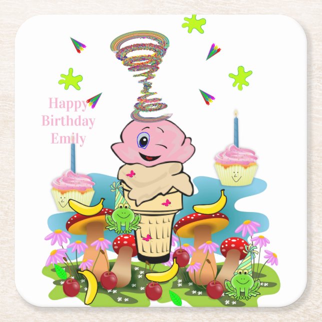 Paper Coasters Happy Birthday Pink Cupcake  (Front)