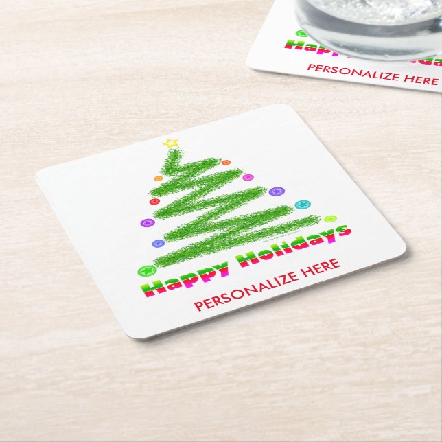 PAPER COASTERS - HAPPY HOLIDAYS CHRISTMAS TREE ART (Angled)