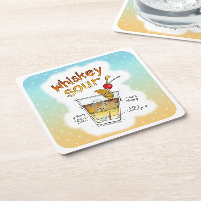 PAPER COASTERS - WHISKEY SOUR RECIPE COCKTAIL ART (Angled)