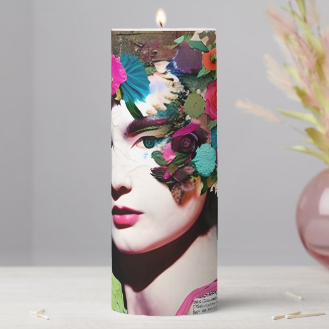 Paper Collage Art | Victorian Woman Floral Pillar Candle (In Situ)