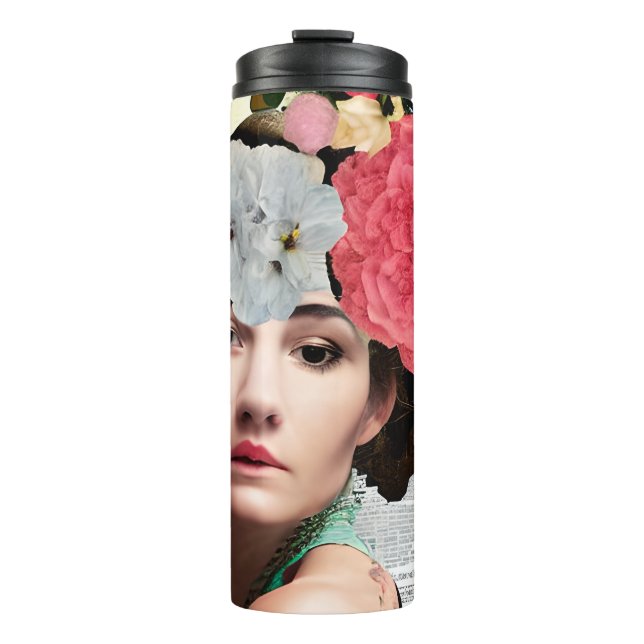 Paper Collage Style Art |  Lady and Flowers Thermal Tumbler (Front)
