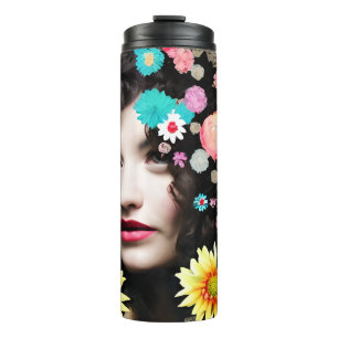 Paper Collage Style Art Pretty Lady and Flowers Thermal Tumbler