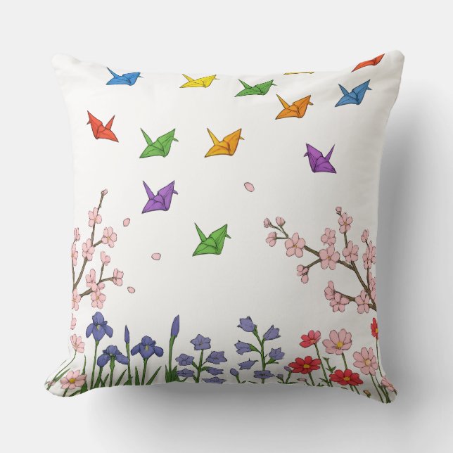 Paper Crane Garden Throw Pillow (Front)