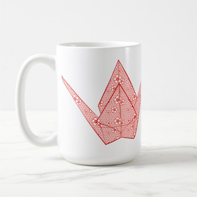 Paper crane with red hearts and flower pattern coffee mug (Left)