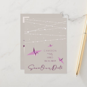 Paper Cranes Fairy Lights Wedding Save The Date Announcement Postcard