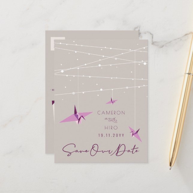 Paper Cranes Fairy Lights Wedding Save The Date Announcement Postcard (Front/Back In Situ)