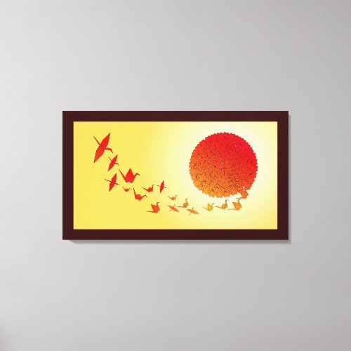 Paper cranes forming into the rising sun canvas print