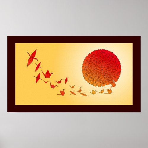 Paper cranes forming into the rising sun poster