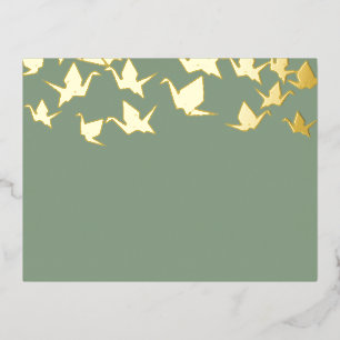 Paper Cranes Green Gold Foil Invitation Postcard