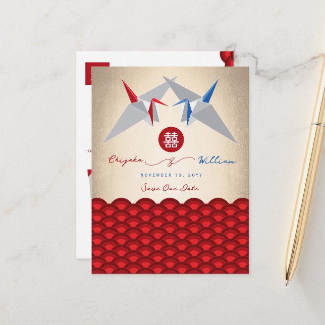 Paper Cranes Origami Scallop Wedding Save The Date Announcement Postcard (Front/Back In Situ)