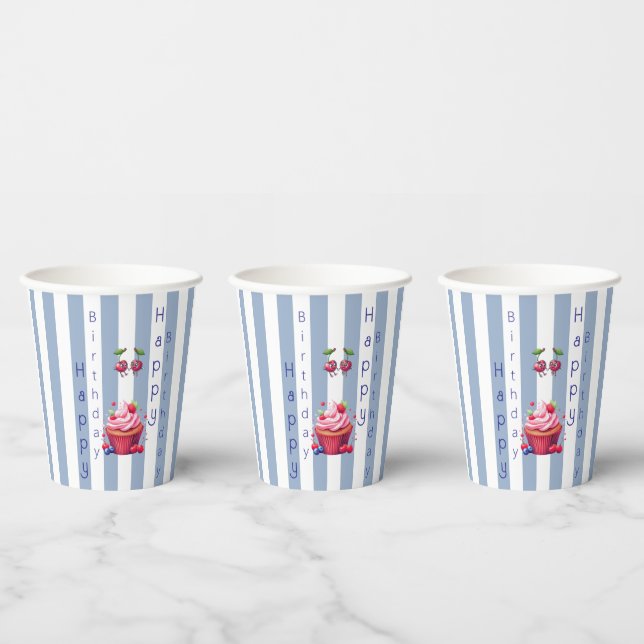 Paper Cup Blue & White Stripe Birthday (Multi)
