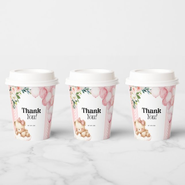 Paper Cups Baby Shower Thank You Pink Girl Bear (Multi)