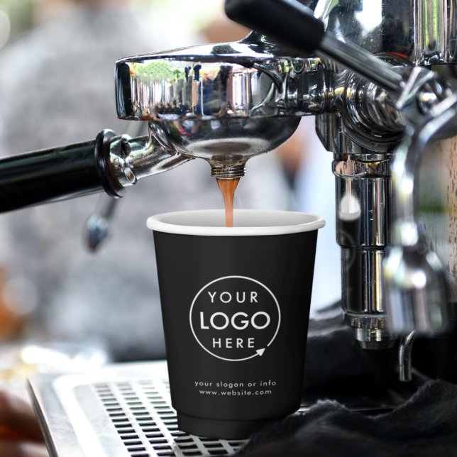 Paper Cups | Business Logo Branded Modern Black (A sleek black branded business 8oz paper cup with optional lid, perfect for cafes and events)