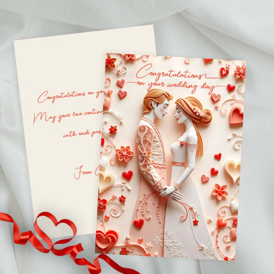 Paper-Cut Bride and Groom Wedding Congratulations Card
