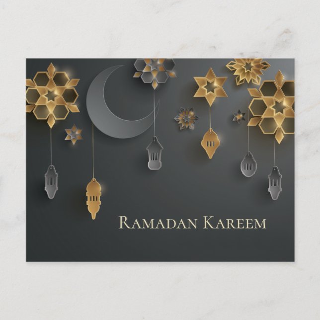 Paper cut Ramadan Lanterns, Moon, Flowers, Black Postcard (Front)