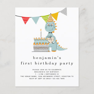 PAPER   Cute Dinosaur Cake 1st Birthday Invitation