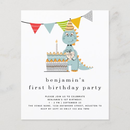 PAPER  Cute Dinosaur Cake 1st Birthday Invitation