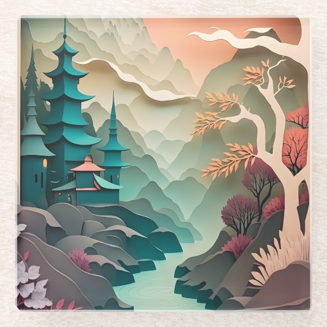 Paper Cutout Landscape Glass Coaster (Front)