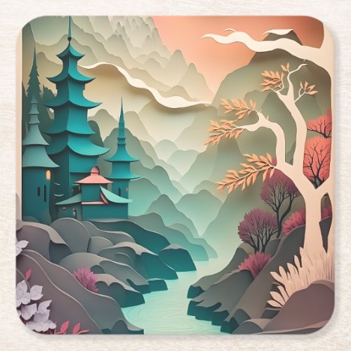 Paper Cutout Landscape Square Paper Coaster