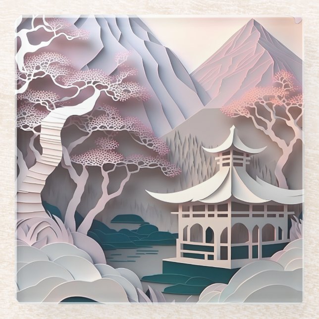 Paper Cutout Landscape with Pavilion Glass Coaster (Front)