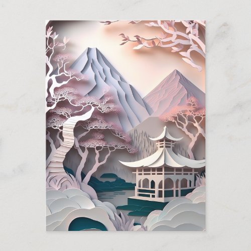 Paper Cutout Landscape with Pavilion Postcard