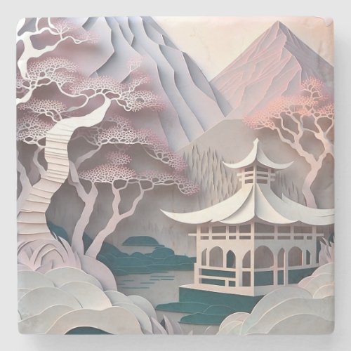 Paper Cutout Landscape with Pavilion Stone Coaster