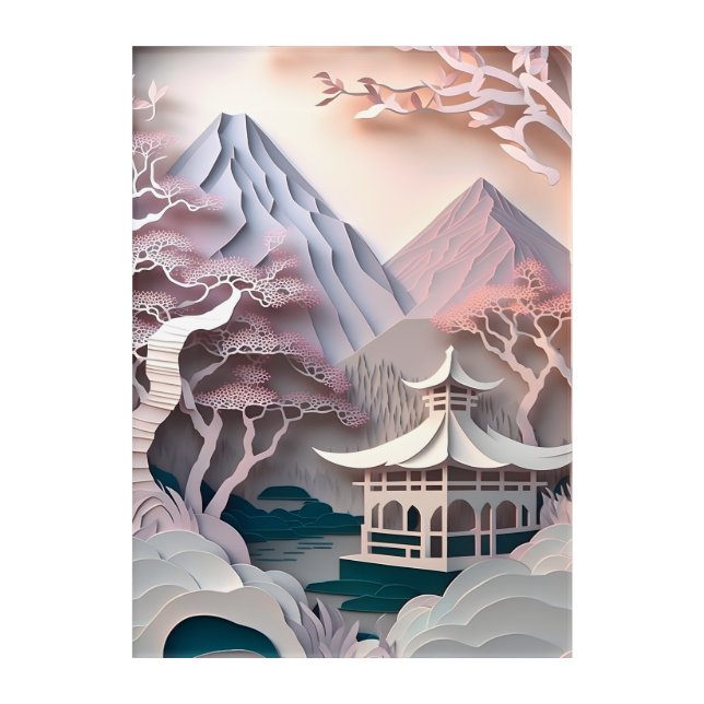 Paper Cutout Pavilion Landscape Acrylic Wall Art (Front)