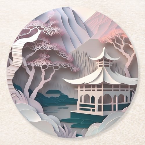 Paper Cutout Pavilion Landscape Round Coaster