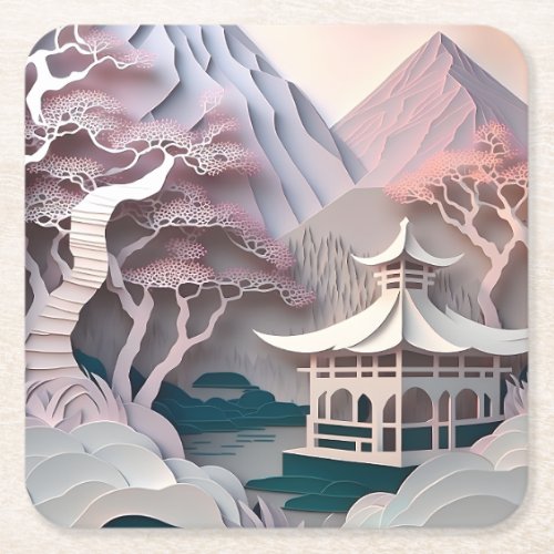 Paper Cutout Pavilion Landscape Square Coaster