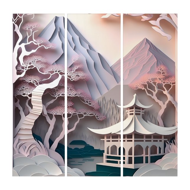 Paper Cutout Pavilion Landscape Triptych (Front)