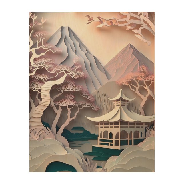 Paper Cutout Pavilion Landscape Wood Wall Art (Front)