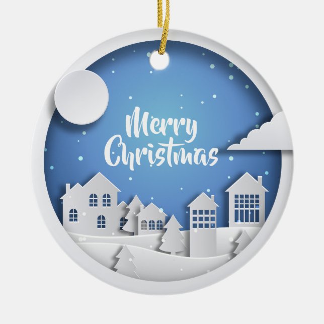 Paper Cutout Winter Scene Ceramic Ornament (Front)