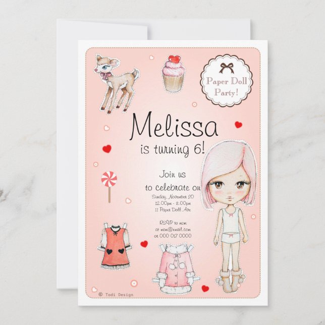 Paper Doll Birthday Party Invitation (Front)