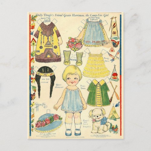Paper Doll w Native American Indian clothes Postcard