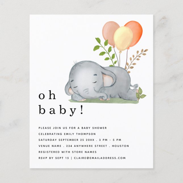 PAPER Elephant Asleep Yellow Baby Shower Invite (Front)