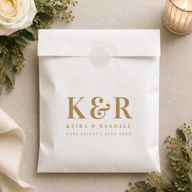 Paper Favor Bag | Wedding Monogram Gift Bags (Personalized paper favor bag with wedding monogram, couple names, date, and venue details.)