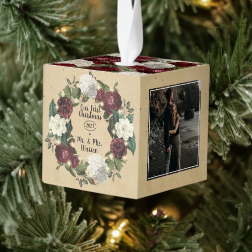 Paper  Floral Our First Christmas MrMrs  3 Photo Cube Ornament