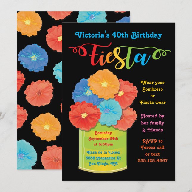 Paper flower Can Fiesta Birthday Party Invitation (Front/Back)