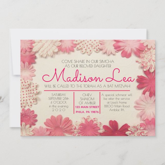 Paper Flowers Bat Mitzvah Invitation (Front)