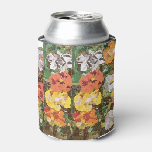 Paper Flowers Collage in Orange  Yellow Can Cooler
