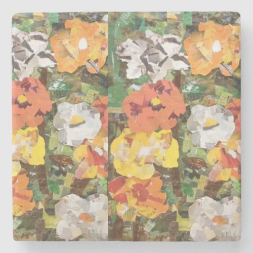 Paper Flowers Collage in yellow  orange Stone Coaster
