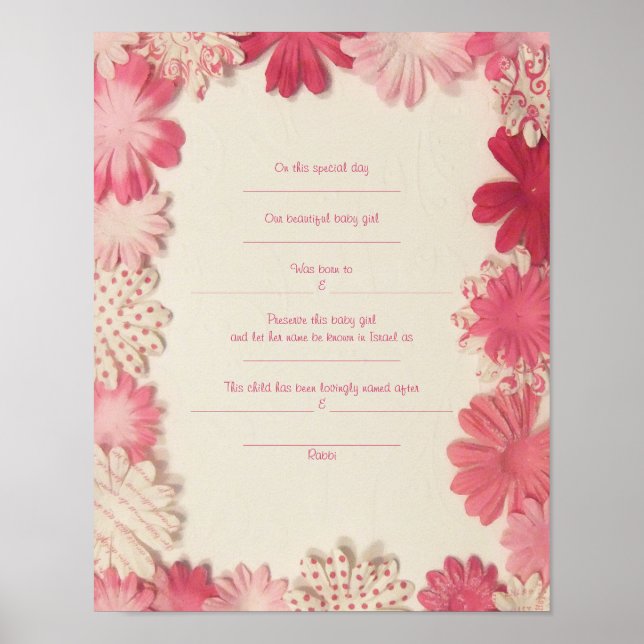 Paper Flowers Jewish Baby Naming Birth Certificate Poster (Front)