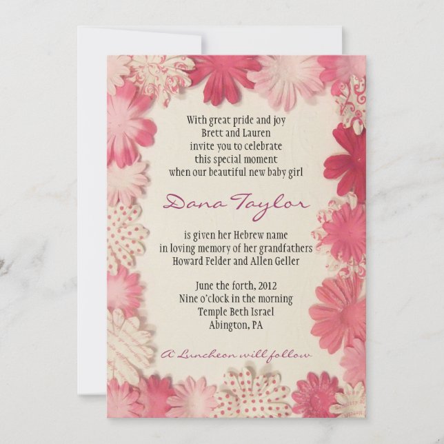 Paper Flowers Jewish Baby Naming Invitation Hebrew (Front)