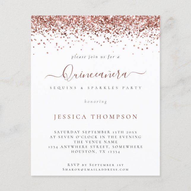 PAPER | Girly Rose Gold Glitter Quinceañera Invite (Front)